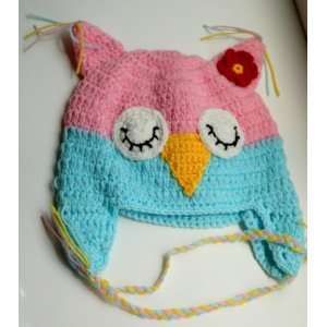  Handmade baby owl hat in pink and blue   fits 1 to 3 year old 