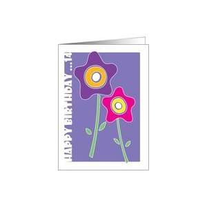  Happy Birthday 14 year old, Pink and Purple Flower Card 