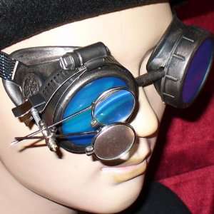 Steampunk Victorian Goggles Glasses pewter blue magnifying 