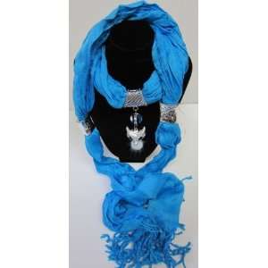  Turquoise Fashion Scarf with Bejeweled Fuzzy Fox Pendant 