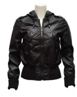  Ladies Black Synthetic Hooded Leather Jacket Clothing