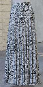Flowy Full Long Maxi Skirt Banded Waist   Lace Print Black White   Sz 