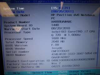 HP Pavilion dv6 3093ca XA668UA i7 Q720 1.60GHz Win 7  