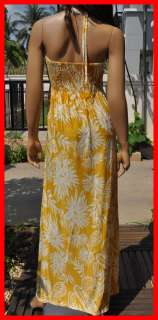 Summer Boho beach hawaiian halter smocked maxi long sundress yellow S 