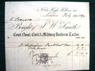 Original 1890 billhead. from the London uniform tailor. Revenue stamp 