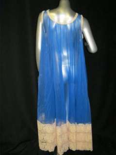 Vintage  Royal Blue Peignoir Nightgown 12 Lace Trim Hem Sheer 