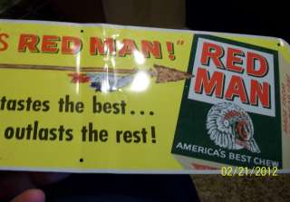 Rare Red Man Chewing Tobacco Tin Sign   Great Condition  