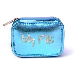Trendy Embroidered Turquoise My Pills Pill Case Weekly Vitamins Travel 