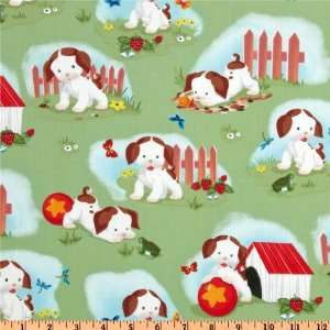  44 Wide Poky Little Puppy Scene Green Fabric By The Yard 