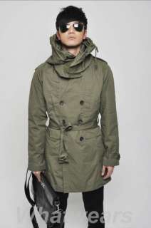 Mens Hooded Slim Double Breasted Long Trench Coat Jacket Olive Green 