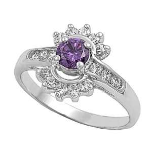 Rhodium Plated Sterling Silver 14mm Amethyst & Clear CZ Ring (Size 6 