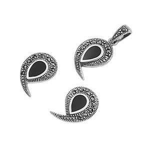   Marcasite Pendant and Earrings Set   Teardrops in Black Onyx Jewelry