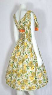 VINTAGE 1950s YELLOW FLORAL Summer Garden Party Dress SHOULDER SASH 