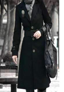 Korean Style Lapel Slim Long Cashmere Coat Black Outerwear Jacket 
