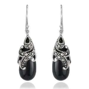    Sterling Silver Marcasite and Onyx Teardrop Earrings Jewelry