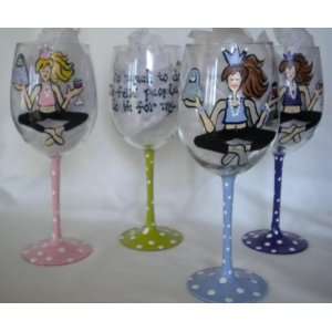 Handpainted Yoga Mama Wine Glasses  Set of 4 Kitchen 
