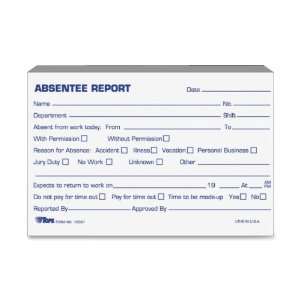 Tops Absentee Report Form,100 Sheet(s)   4 x 6 Sheet Size   White 