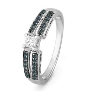 10KT White Gold Blue And White Diamond Princess and Round Promise Ring 