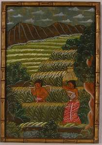   piece Antique landscape. Rice field workers. Indonesian?  