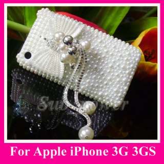 3D Rhinestone Full white BOW Bling Pearl hard Case cover for iPhone 3G 