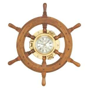   Solid Wood Shipwheel Porthole Brass Clock Nautical