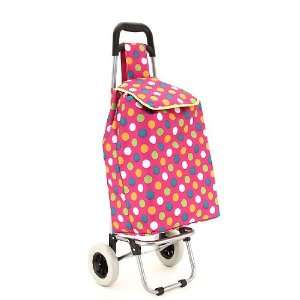 Folding Shopping Market Cart Bag on Wheels PINK w/ MULTI COLOR Polka 