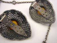Antique Amber Cabochon Leaf Necklace & Dress Clip Set  
