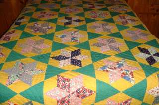 BEAUTIFUL VINTAGE SIX POINT STAR QUILT HAND QUILTED AND PIECED VIBRANT 