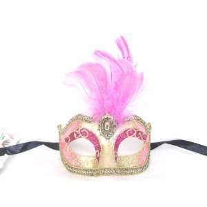 Hot Pink Gold Ciuffo Corto Star Feather Venetian Masquerade Mask 