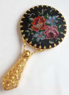VINTAGE PURSE HAND MIRROR NEEDLEPOINT EMBROIDERY FLORAL  