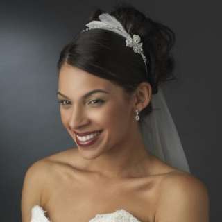 Elegant Silver Bridal Headband w/Feather and bow accent  