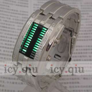   Digital Watch /Green LED Watch Metal Band Boys Man Gift Silver P8