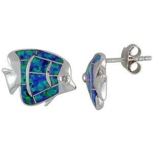   Silver, Synthetic Opal Fish Stud Earrings, 5/8 (15 mm) long. Jewelry