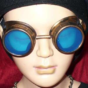 Steampunk Goggles Glasses cyber lens Gold Blue cyber  