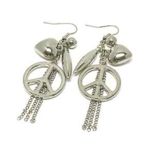Juicy Look Peace Sign, & Heart Charm Dangling Earrings  White Gold 