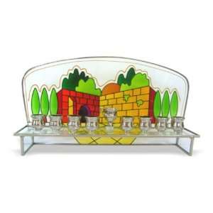    Menorah in Stained Glass with a Scene of Jerusalem