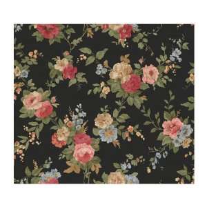   Vintage Rose Prepasted Wallpaper, Black/Pink/Blue