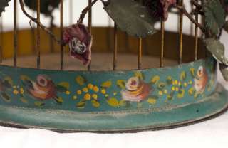   Wonderful Antique German birdcage for doll room   wax flowers, bird