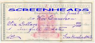 1885 Lawrenceburg Indiana MARBLE WORKS Bank check  