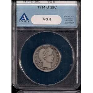  1914 D BARBER QUARTER ANACS VG 8 