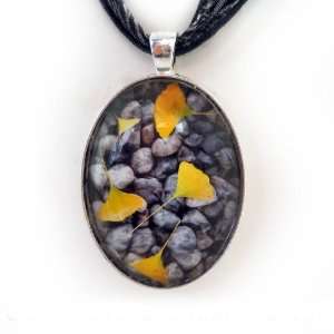  Ginkgo Leaves on Gray Stones Handmade Fine Art Pendant 