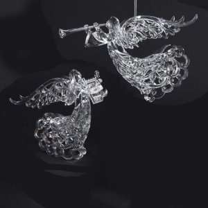   Icy Crystal Filigree Angel with Harp and Trumpet Christmas Ornaments