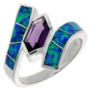 Sterling Silver, Synthetic Opal Inlay Ring, w/ Hexagon shaped Amethyst 