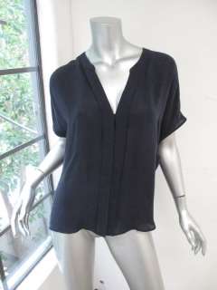 Vince Navy Blue Short Sleeve V Neck Hidden Button Down Oversized 