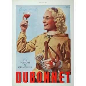 1938 French Ad Dubonnet Woman Skier Skiing Aperitif   Original Print 