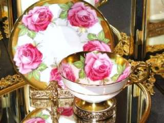 Aynsley PRETTY BOLD PINK ROSES GOLD Athens Tea Cup and Saucer  
