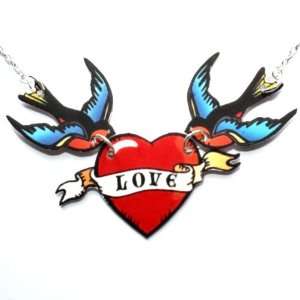 Sour Cherry Silver plated base Swallow love birds Necklace (16 inch 