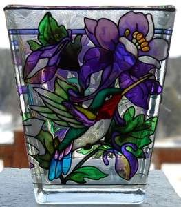 AMIA Stained Glass Look Columbines/Hummingbirds Candleholder  Hand 