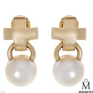  18K Two tone Gold Pearl Ladies Earrings. Length 24.5 mm. Total 