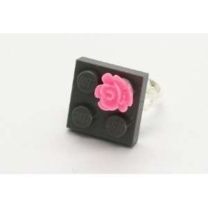  Dark Gray Upcycled LEGO Ring with Hot Pink Rose Jewelry